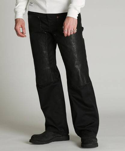 LEATHER COMB. DOUBLE KNEE PANTS 拼接雙膝長褲