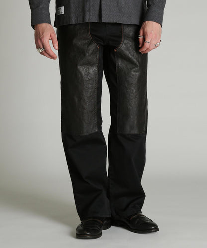 LEATHER COMB. DOUBLE KNEE PANTS 拼接雙膝長褲