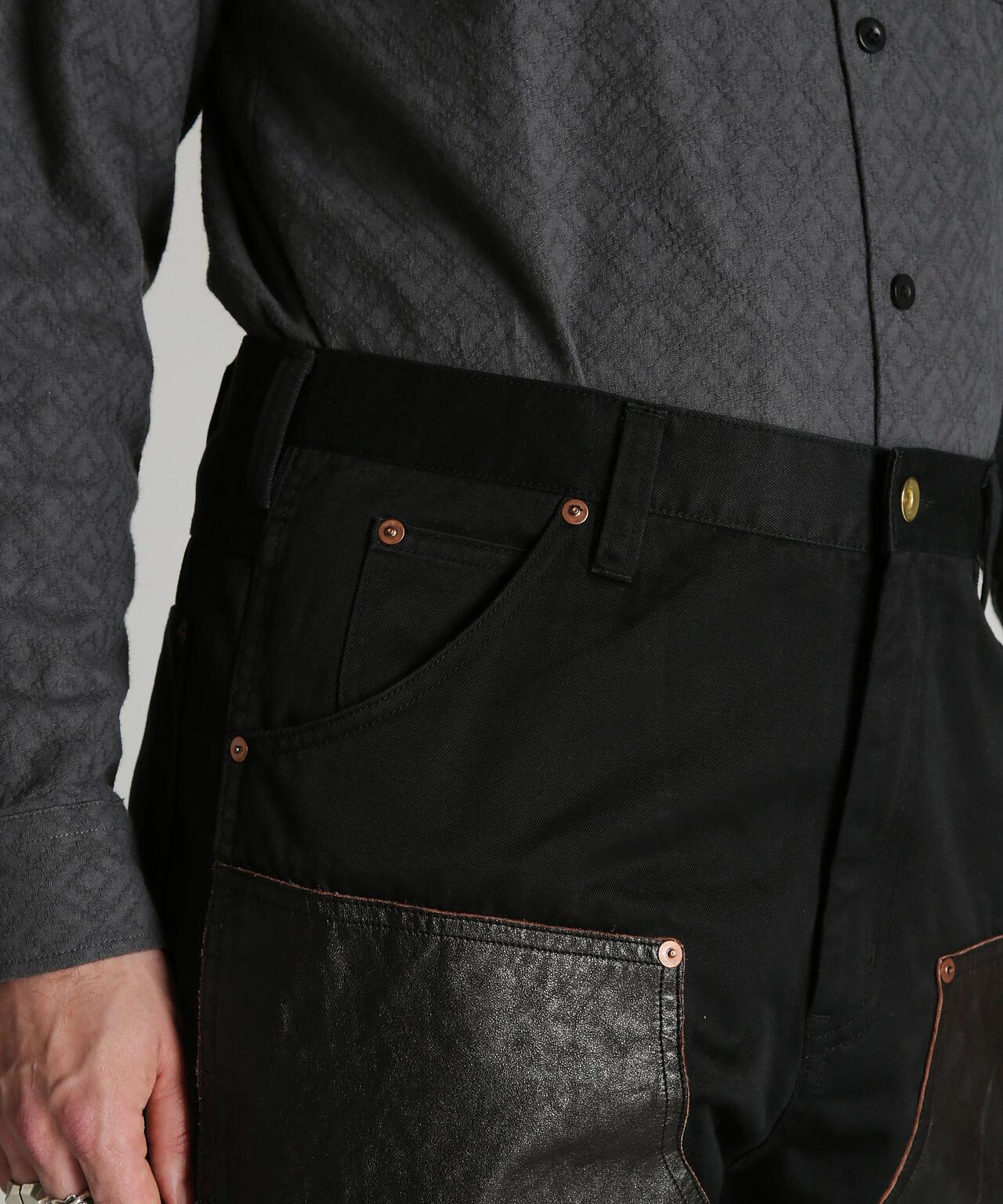 LEATHER COMB. DOUBLE KNEE PANTS 拼接雙膝長褲