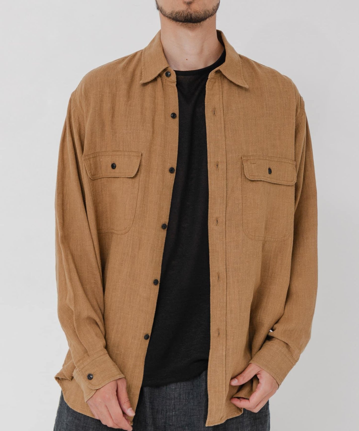 水洗做舊 亞麻 工裝襯衫
