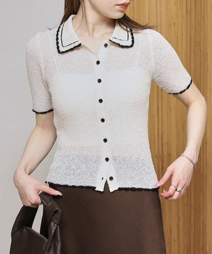 配色刺繡 Polo領 針織開衫