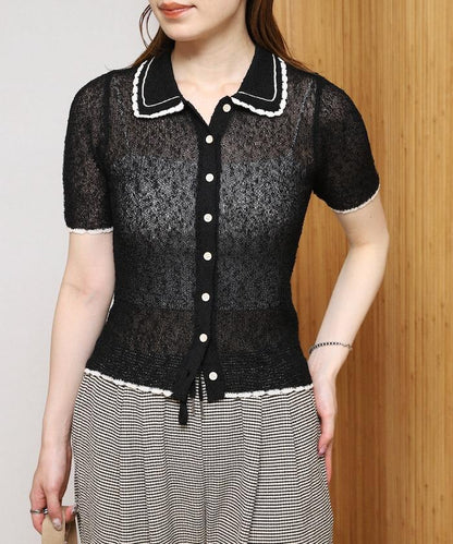 配色刺繡 Polo領 針織開衫