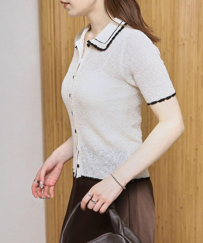配色刺繡 Polo領 針織開衫