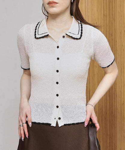 配色刺繡 Polo領 針織開衫