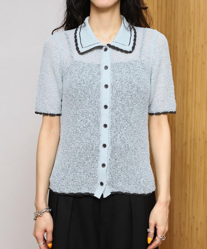 配色刺繡 Polo領 針織開衫