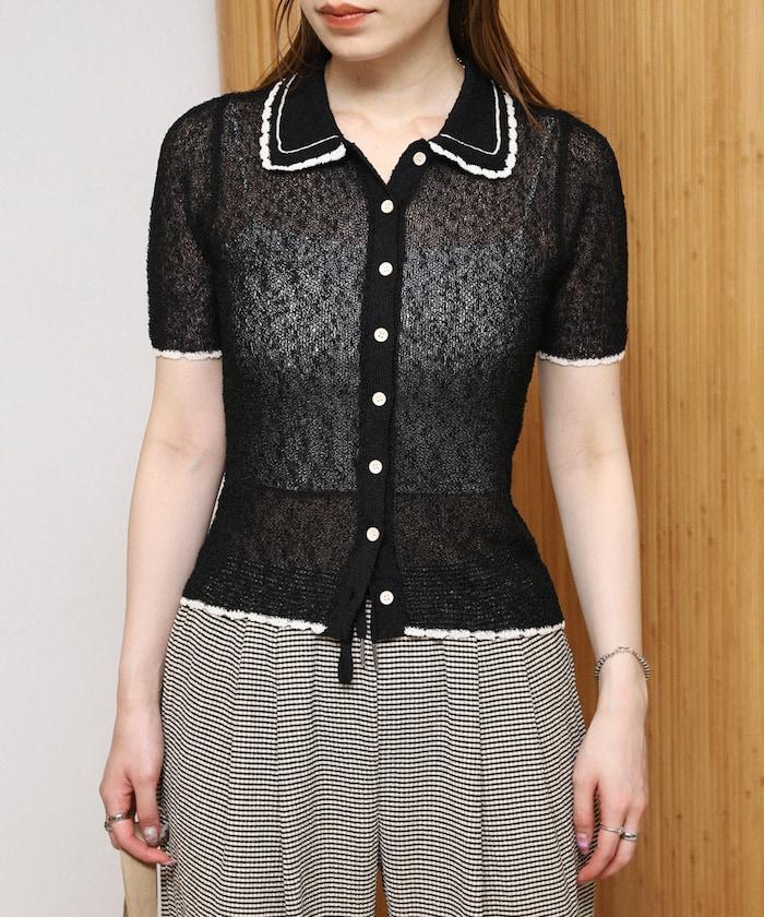 配色刺繡 Polo領 針織開衫