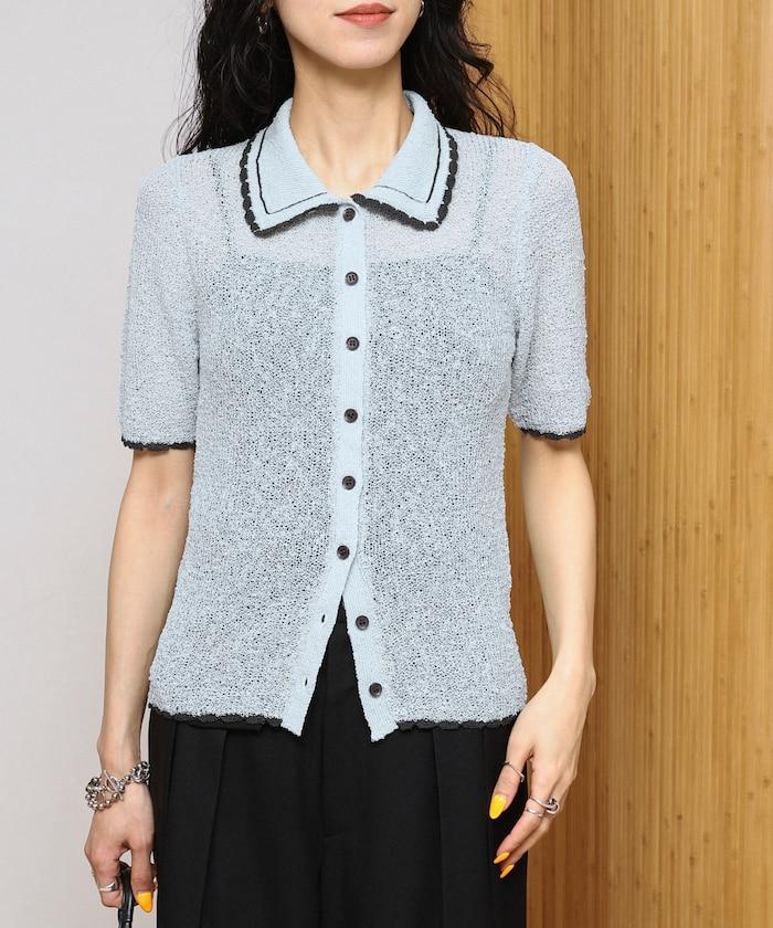 配色刺繡 Polo領 針織開衫