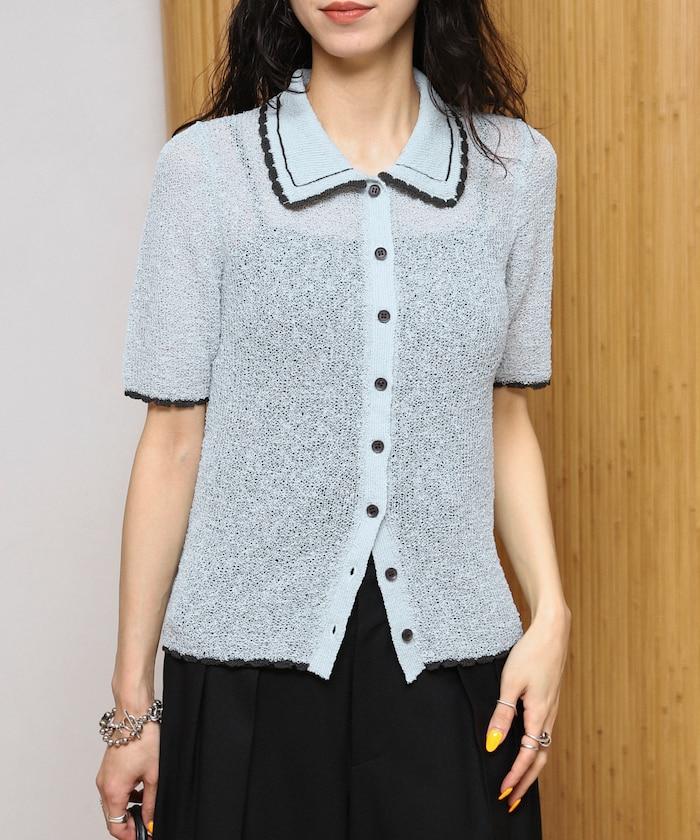 配色刺繡 Polo領 針織開衫