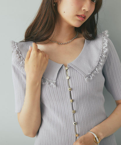 【La boutique BonBon】翻領蕾絲飾邊金釦針織衫