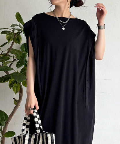 褶皺肩部拼接連衣裙
