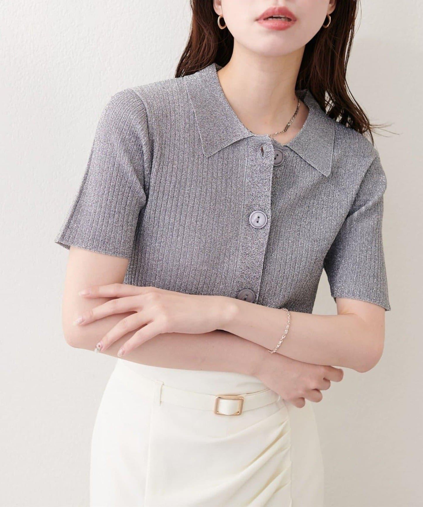 natural couture 翻領亮絲羅紋針織開衫