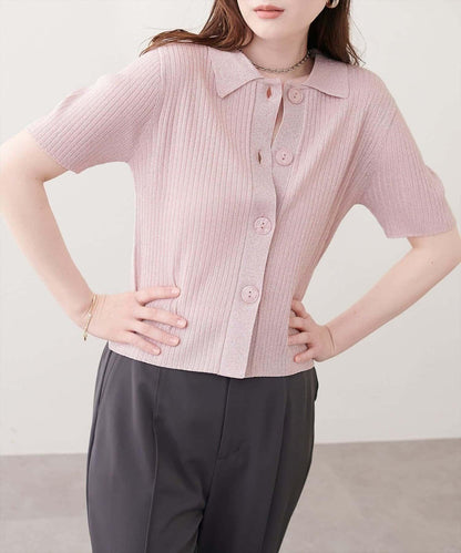 natural couture 翻領亮絲羅紋針織開衫