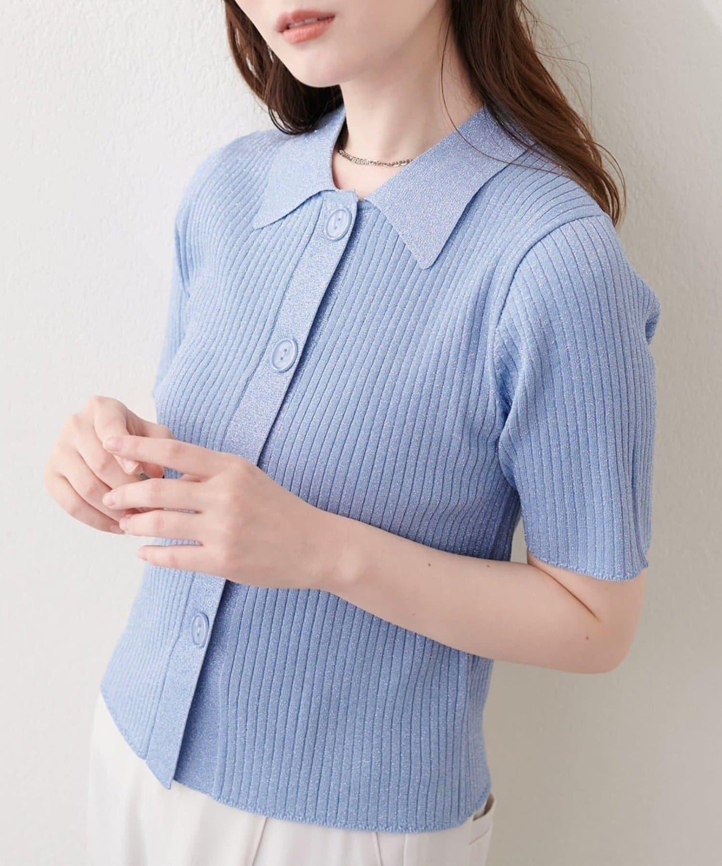 natural couture 翻領亮絲羅紋針織開衫
