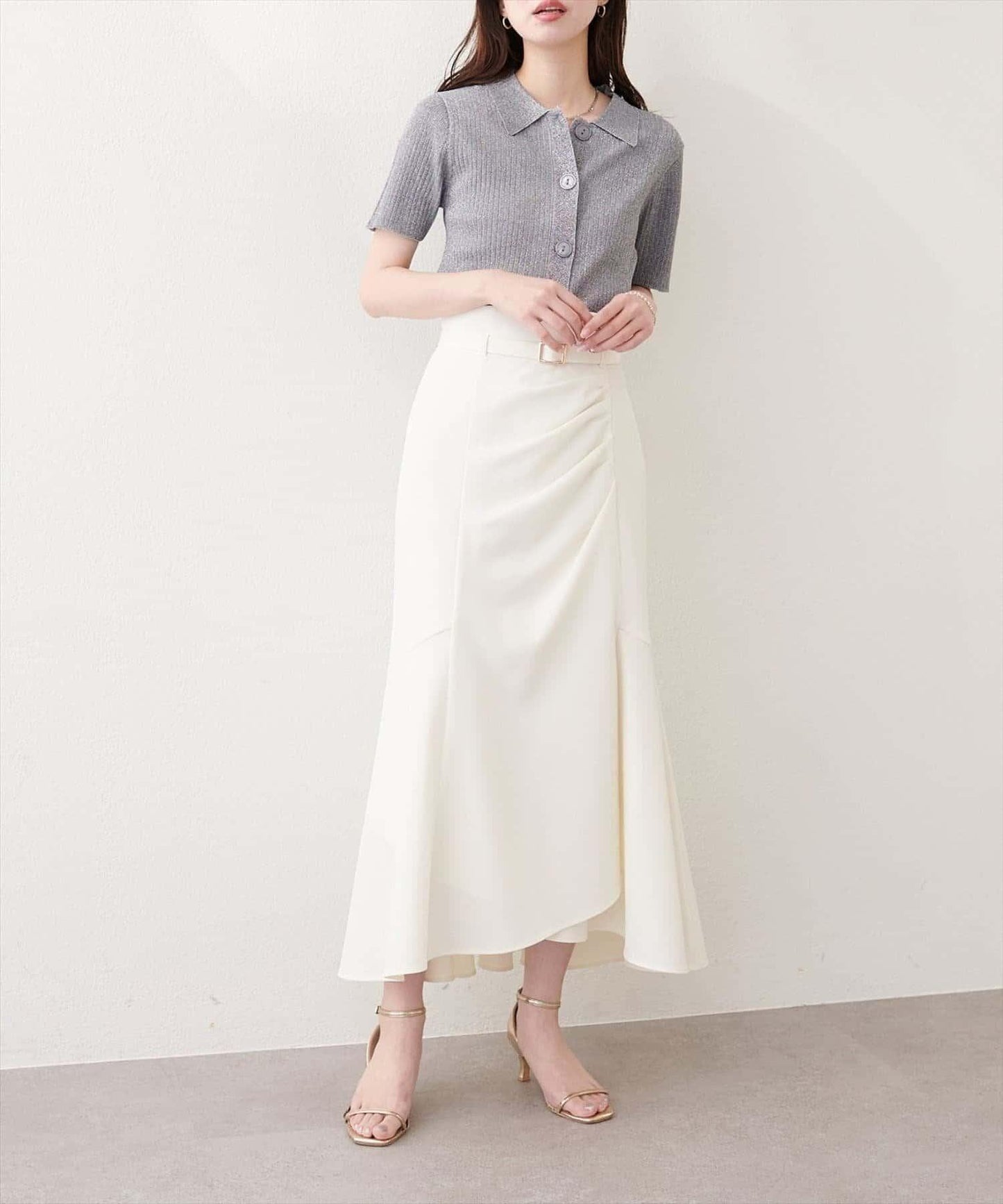 natural couture 翻領亮絲羅紋針織開衫