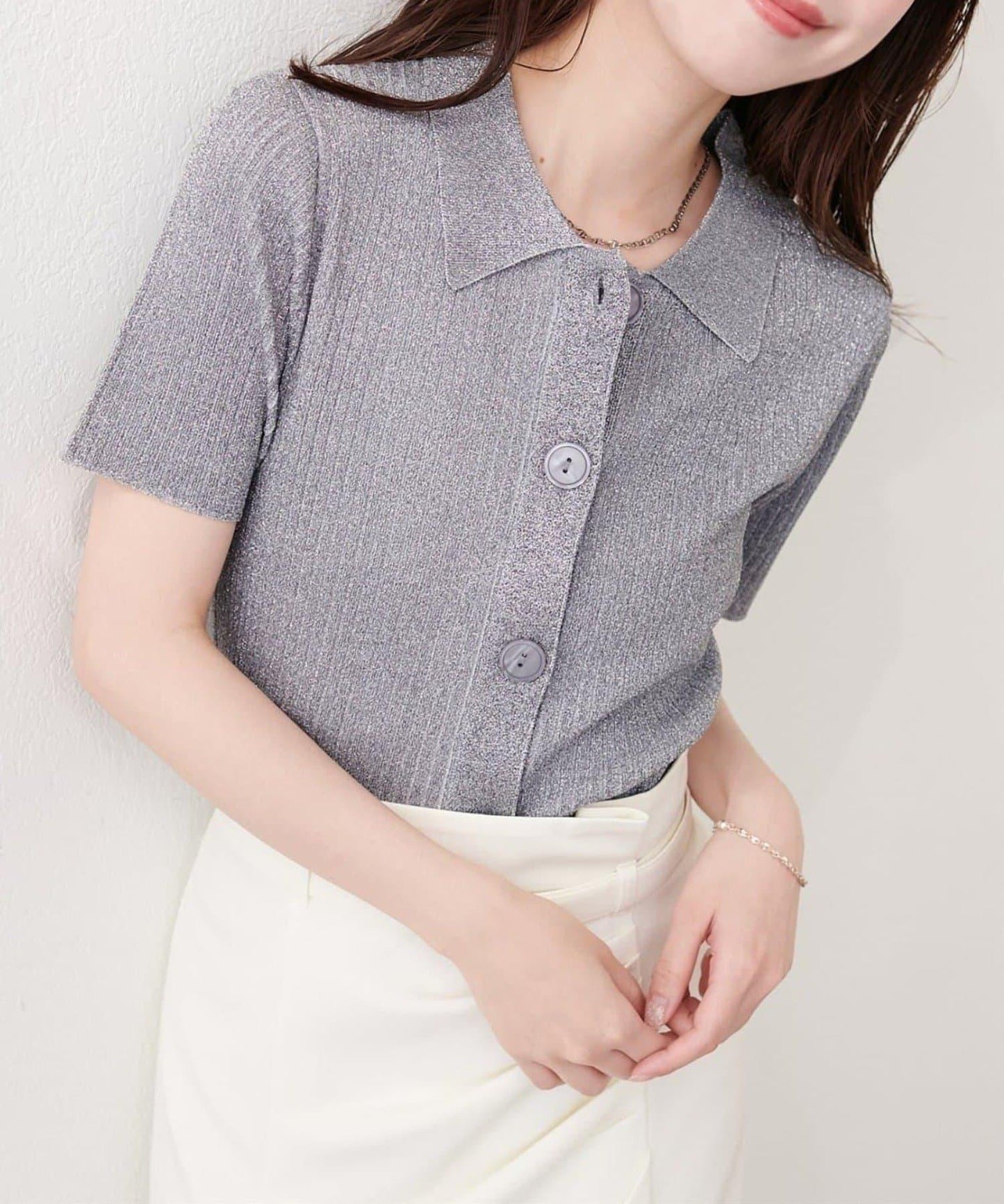 natural couture 翻領亮絲羅紋針織開衫