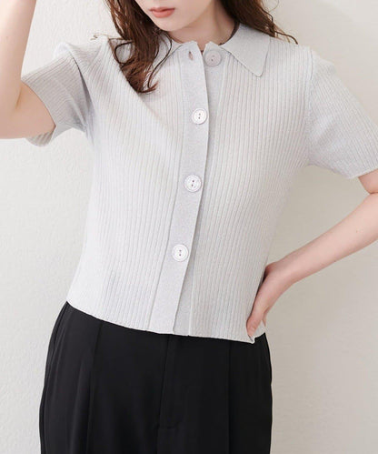 natural couture 翻領亮絲羅紋針織開衫