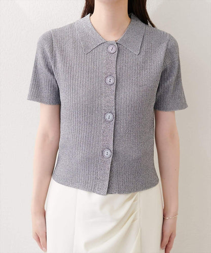 natural couture 翻領亮絲羅紋針織開衫