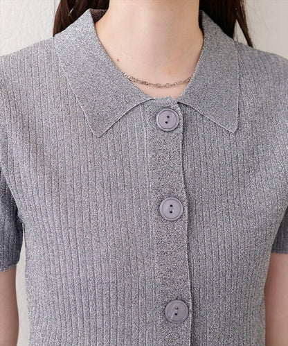 natural couture 翻領亮絲羅紋針織開衫