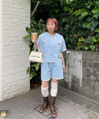HELLO.SANFRANCISCO/ハローサンフランシスコ 大翻領條紋短款襯衫