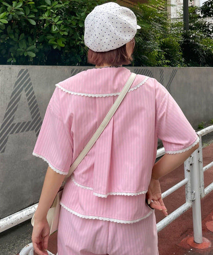 HELLO.SANFRANCISCO/ハローサンフランシスコ 大翻領條紋短款襯衫