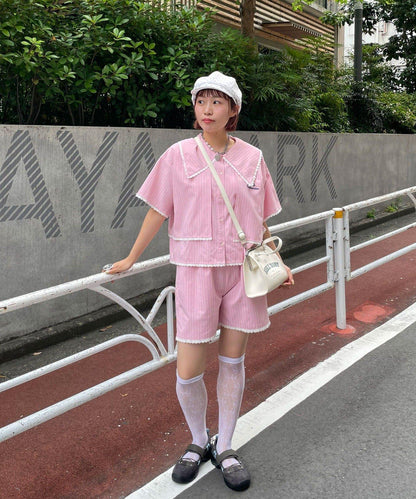 HELLO.SANFRANCISCO 蕾絲條紋休閒短褲