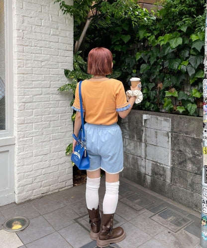 HELLO.SANFRANCISCO 蕾絲條紋休閒短褲