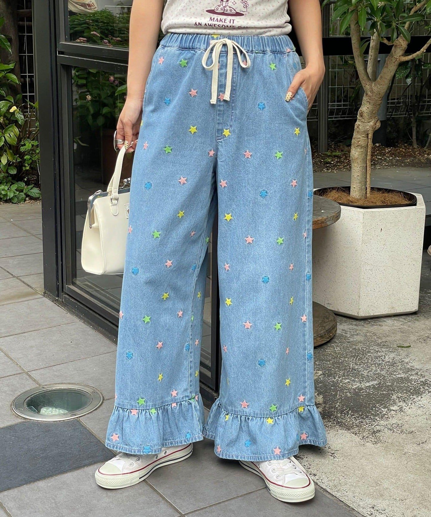 HELLO.SANFRANCISCO 裾邊荷葉邊星形刺繡牛仔褲
