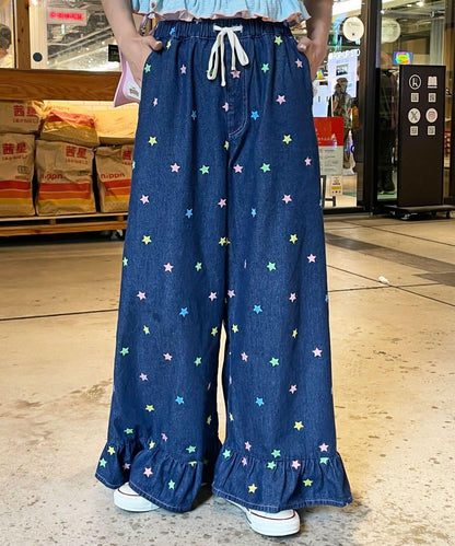 HELLO.SANFRANCISCO 裾邊荷葉邊星形刺繡牛仔褲