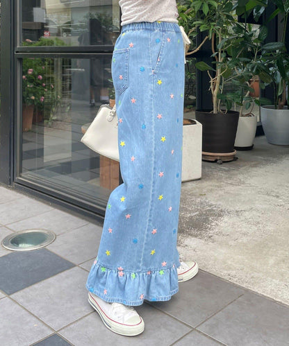 HELLO.SANFRANCISCO 裾邊荷葉邊星形刺繡牛仔褲