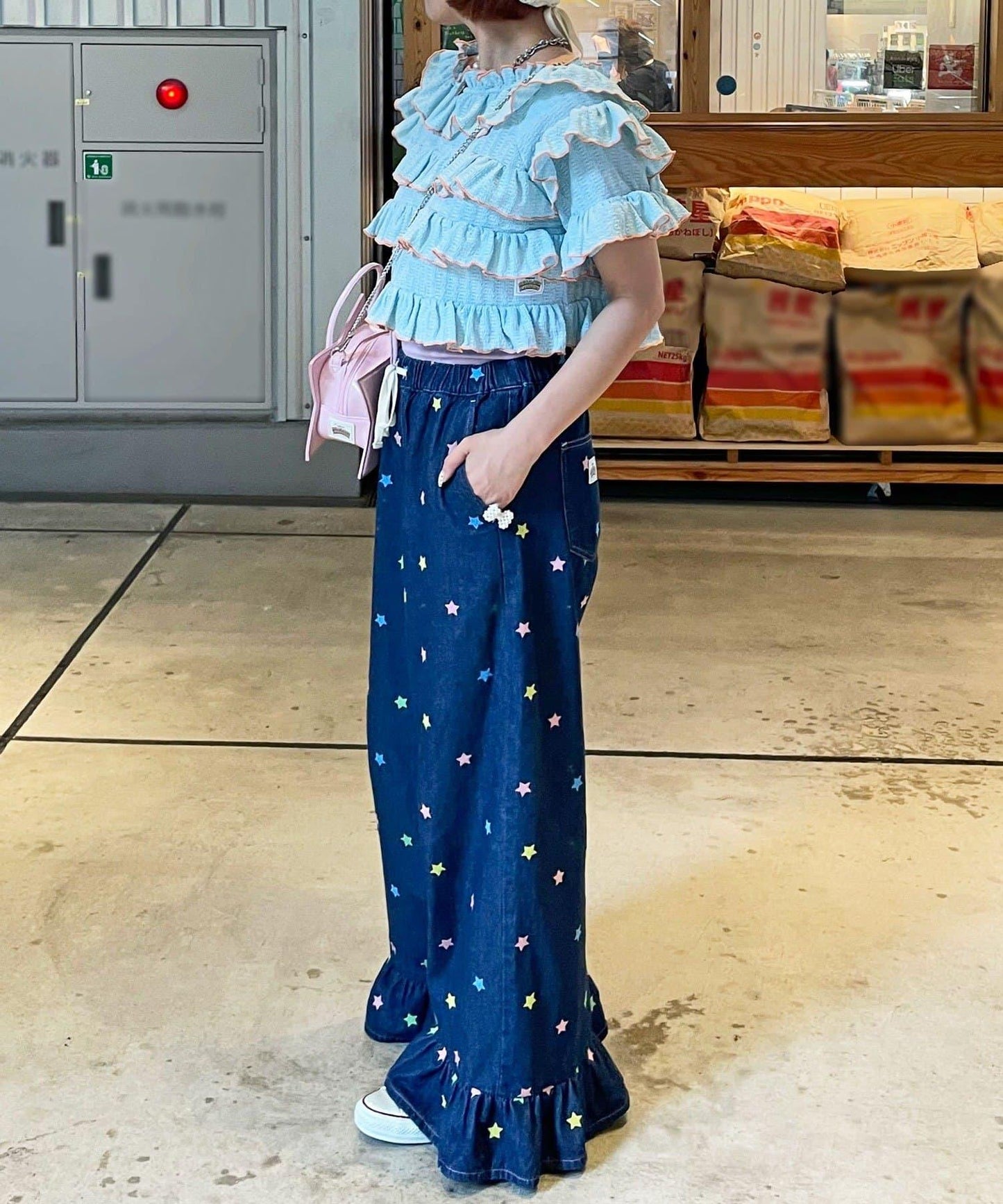 HELLO.SANFRANCISCO 裾邊荷葉邊星形刺繡牛仔褲