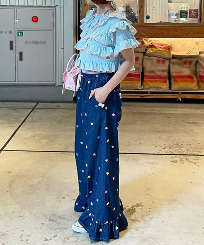 HELLO.SANFRANCISCO 裾邊荷葉邊星形刺繡牛仔褲
