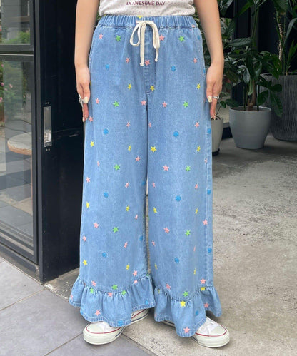 HELLO.SANFRANCISCO 裾邊荷葉邊星形刺繡牛仔褲