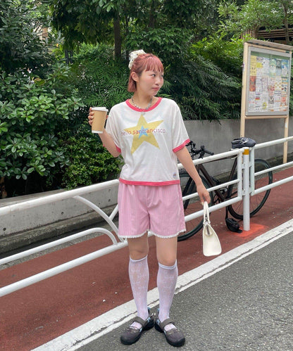 HELLO.SANFRANCISCO 蕾絲條紋休閒短褲