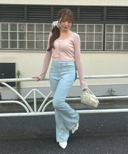 【continuer】心形紐扣袖蕾絲閃光針織開衫