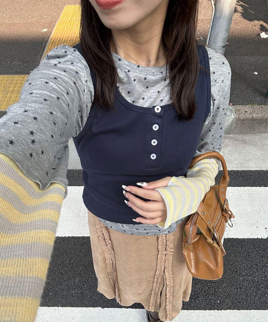星條紋疊穿長袖T恤 2件套
