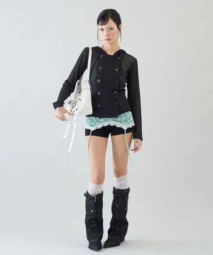 透視羅紋雙排扣長袖連帽衫