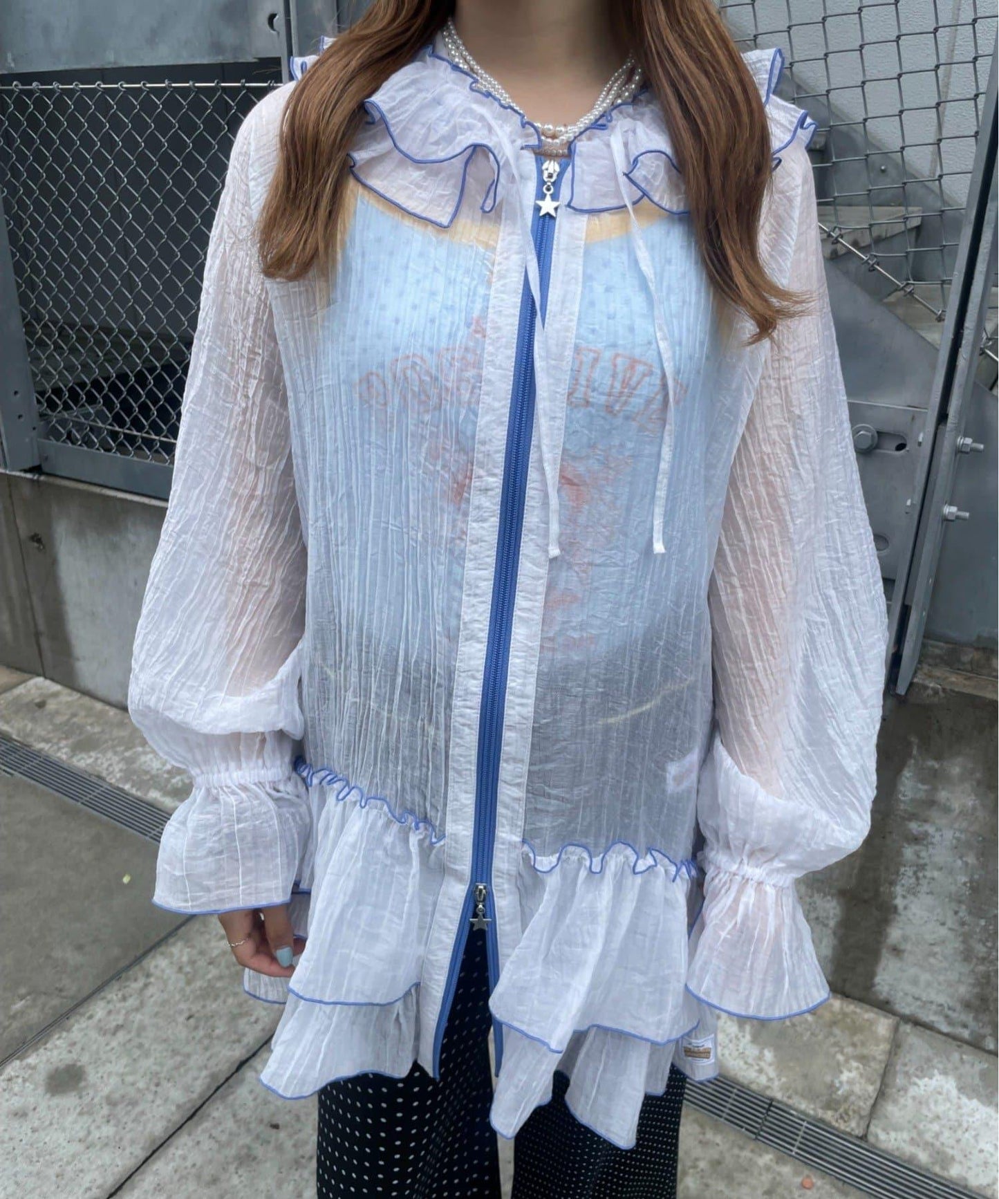 HELLO.SANFRANCISCO 碎花荷葉邊薄款連帽衫