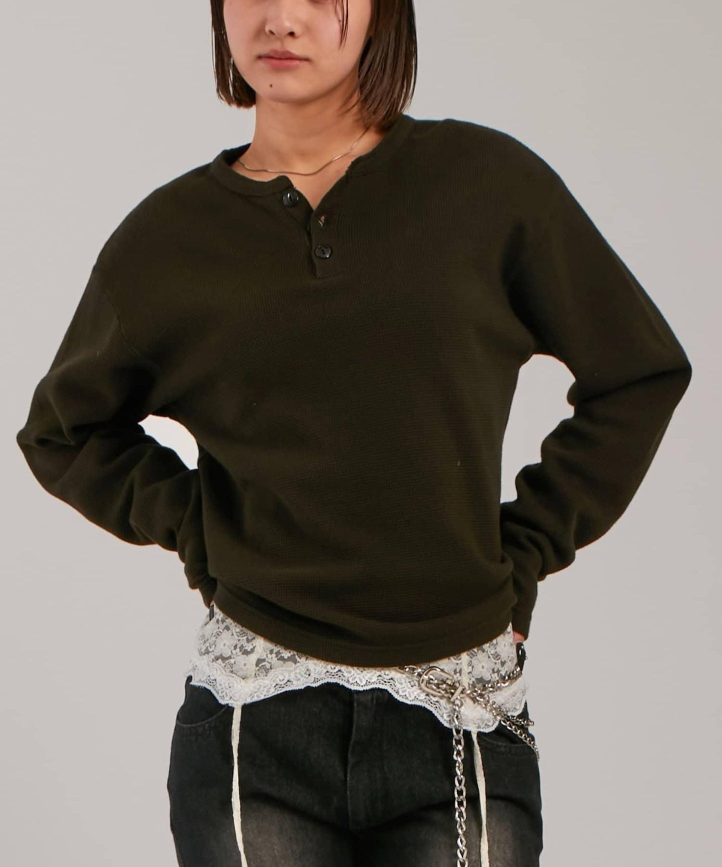 【UNISEX】【Sourcream】華夫格亨利領長袖T恤 [26AW]