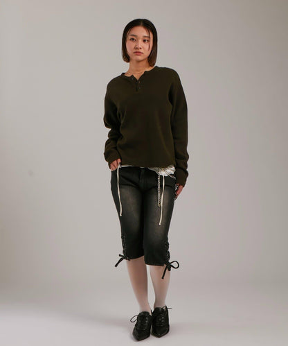 【UNISEX】【Sourcream】華夫格亨利領長袖T恤 [26AW]