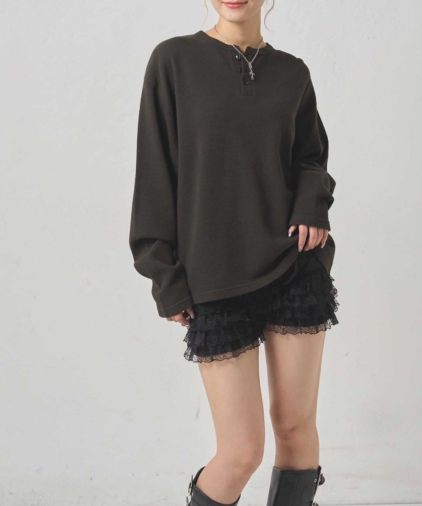【UNISEX】【Sourcream】華夫格亨利領長袖T恤 [26AW]