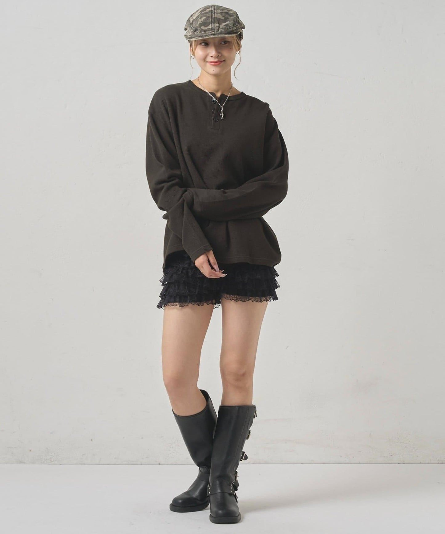 【UNISEX】【Sourcream】華夫格亨利領長袖T恤 [26AW]