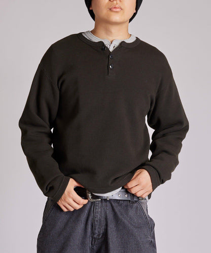 【UNISEX】【Sourcream】華夫格亨利領長袖T恤 [26AW]