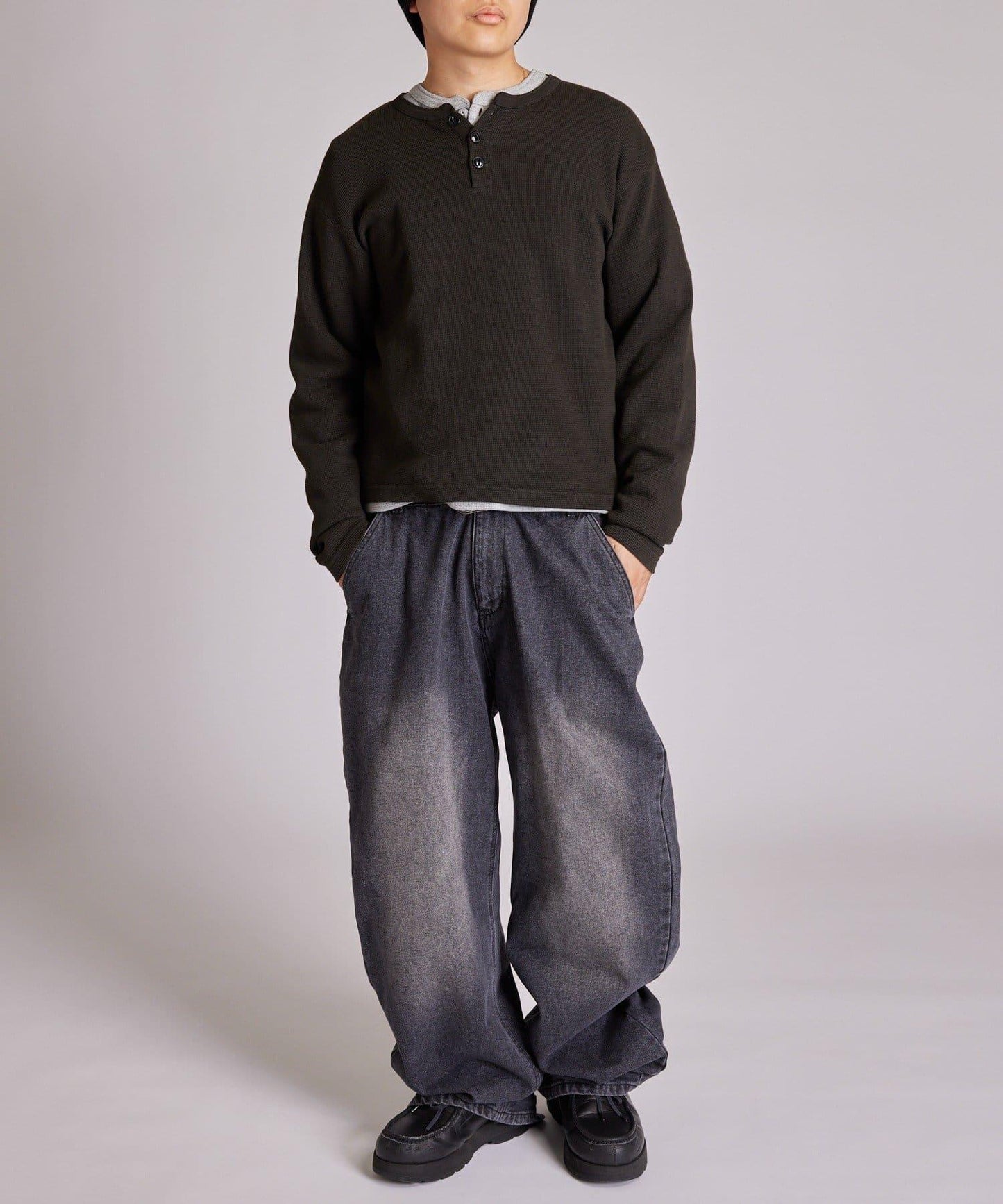 【UNISEX】【Sourcream】華夫格亨利領長袖T恤 [26AW]