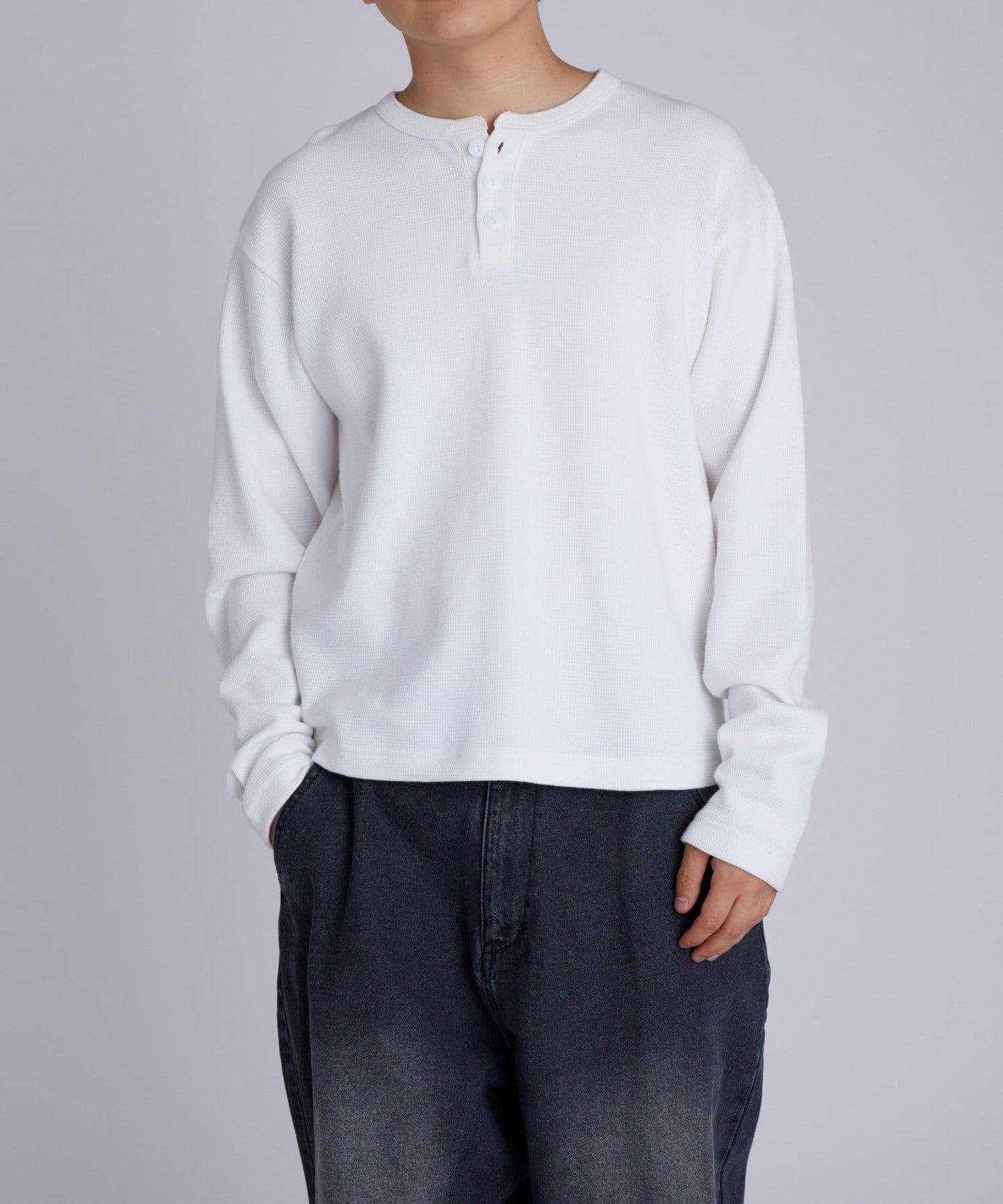 【UNISEX】【Sourcream】華夫格亨利領長袖T恤 [26AW]