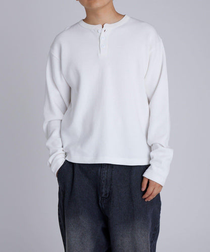 【UNISEX】【Sourcream】華夫格亨利領長袖T恤 [26AW]