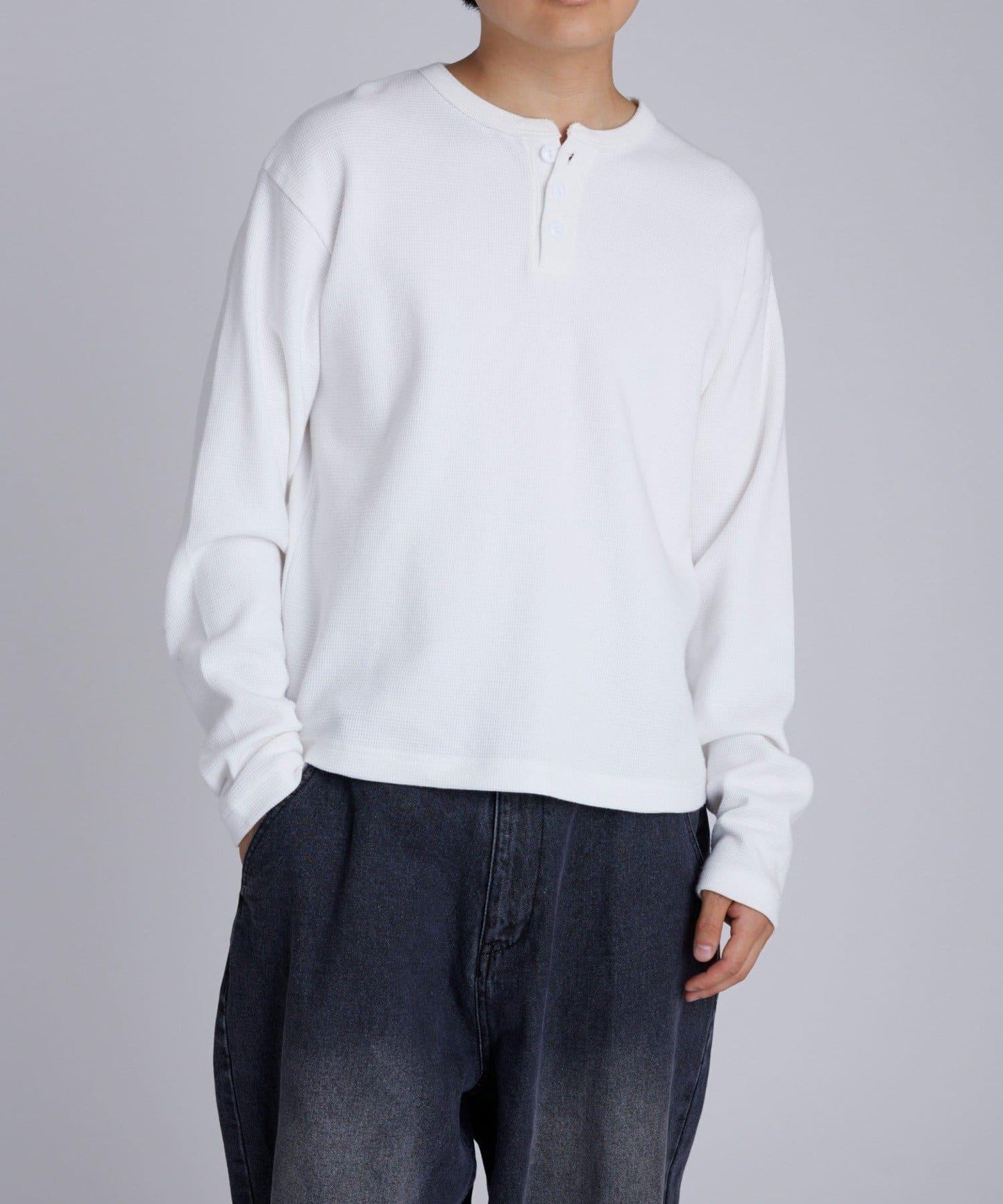 【UNISEX】【Sourcream】華夫格亨利領長袖T恤 [26AW]
