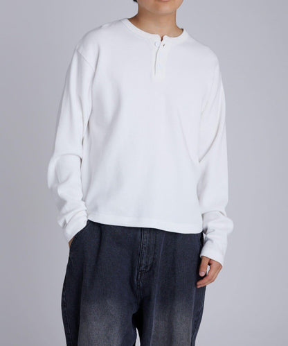 【UNISEX】【Sourcream】華夫格亨利領長袖T恤 [26AW]