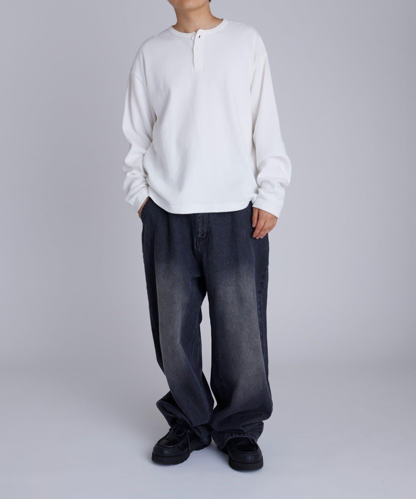 【UNISEX】【Sourcream】華夫格亨利領長袖T恤 [26AW]