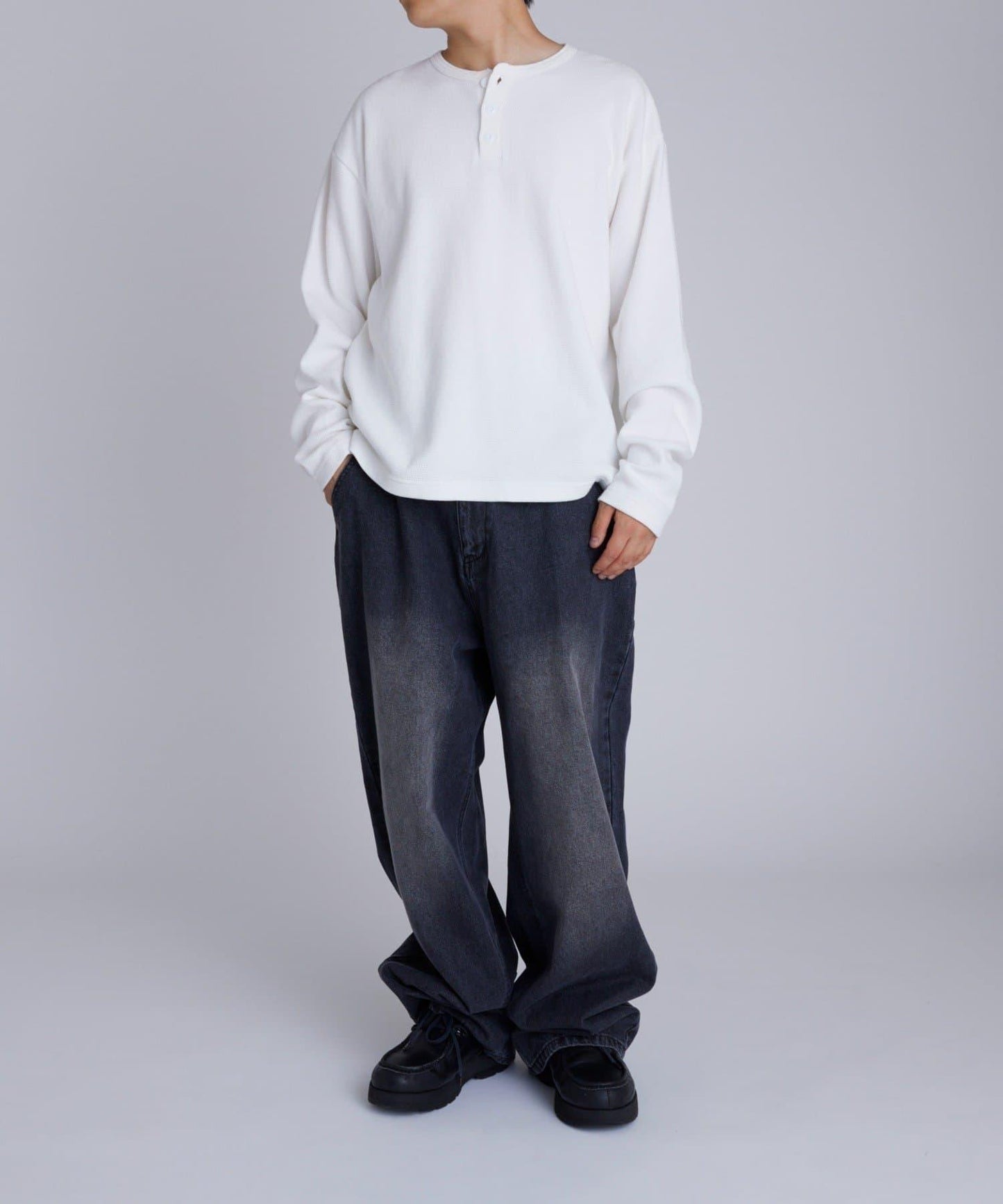 【UNISEX】【Sourcream】華夫格亨利領長袖T恤 [26AW]