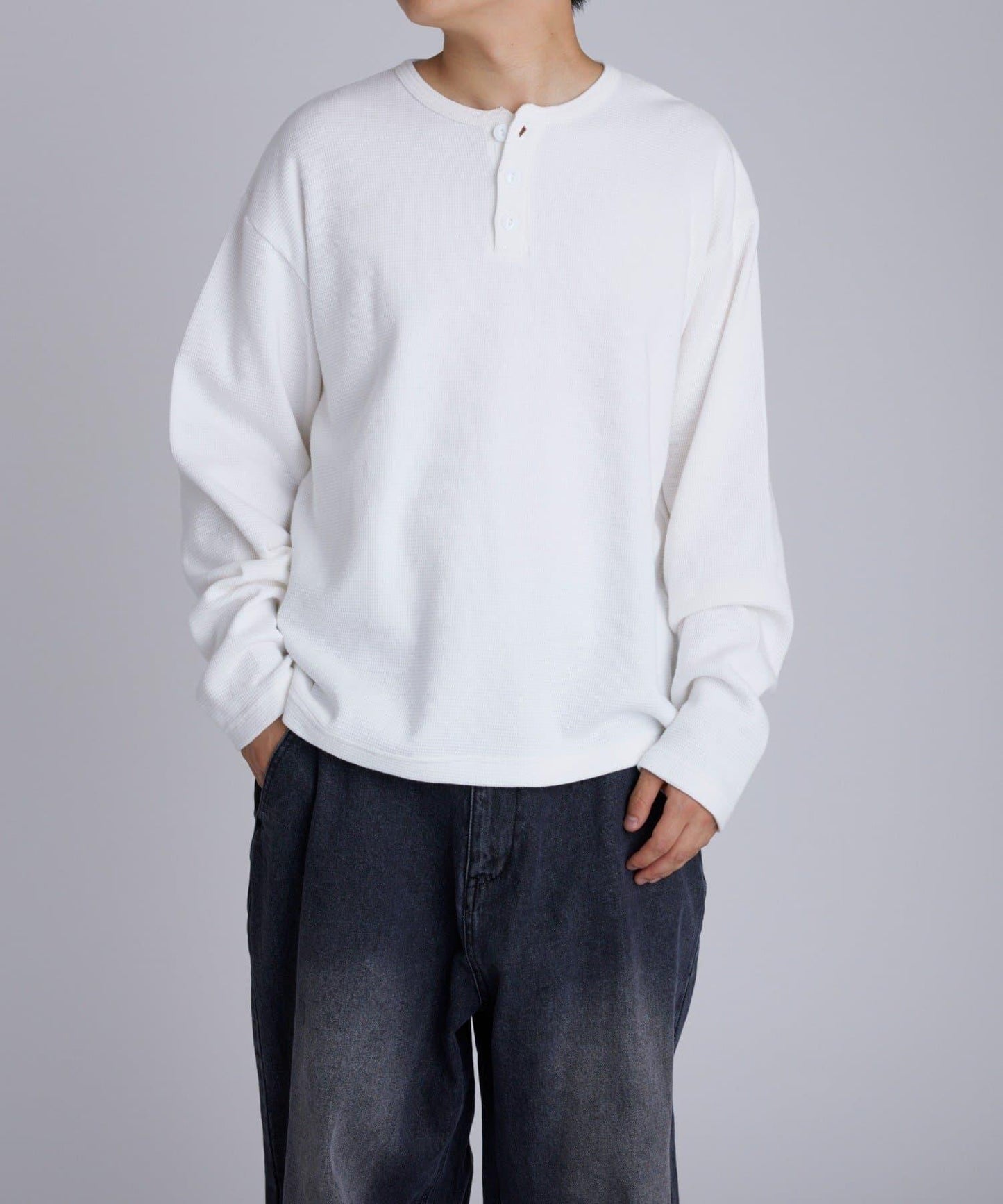 【UNISEX】【Sourcream】華夫格亨利領長袖T恤 [26AW]